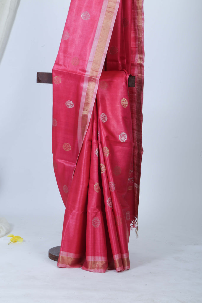 Bright Pink Woven Tussar Saree l Festive Wear