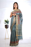 Grey Green Color Tussar Silk Embroidered Saree