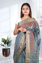Load image into Gallery viewer, Grey Green Color Tussar Silk Embroidered Saree