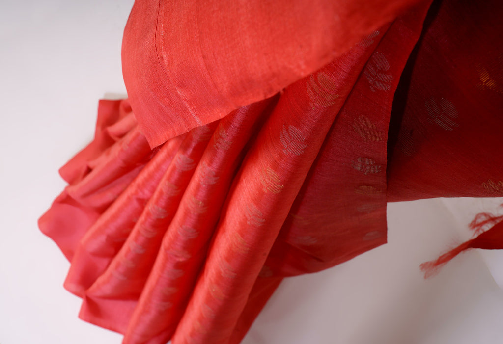 Red Color Tussar Silk Hand Woven Saree
