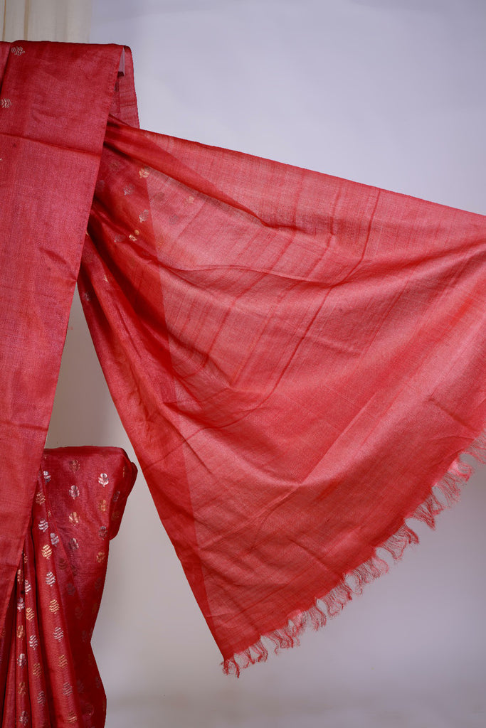 Red Color Tussar Silk Hand Woven Saree