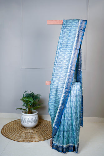 Blue Color Tussar Silk Printed Saree