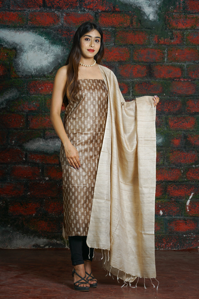 Brown Beige with White Pattern Printed Suit Set