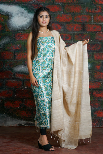 Blue Green Beige Printed Suit Set