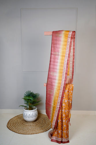 Orange Red Color Tussar Silk Printed Saree