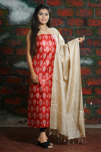 Red Beige Printed Suit Set
