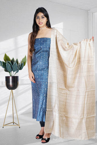 Dark Blue Beige Printed Suit Set