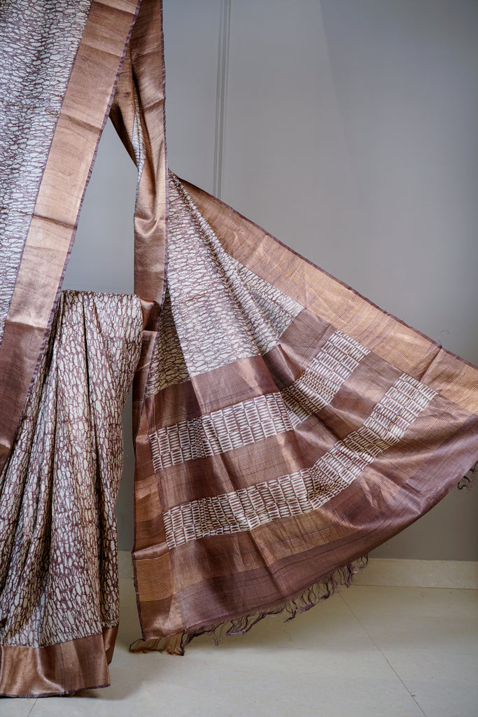 Brown Color Tussar Silk Printed Saree