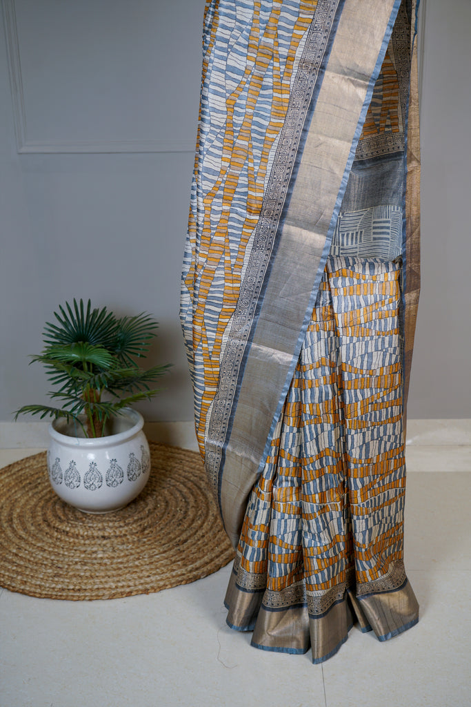 Blue Grey Color Tussar Silk Printed Saree