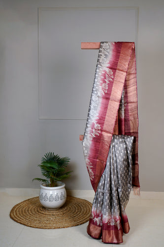 Grey Pink Color Tussar Silk Printed Saree