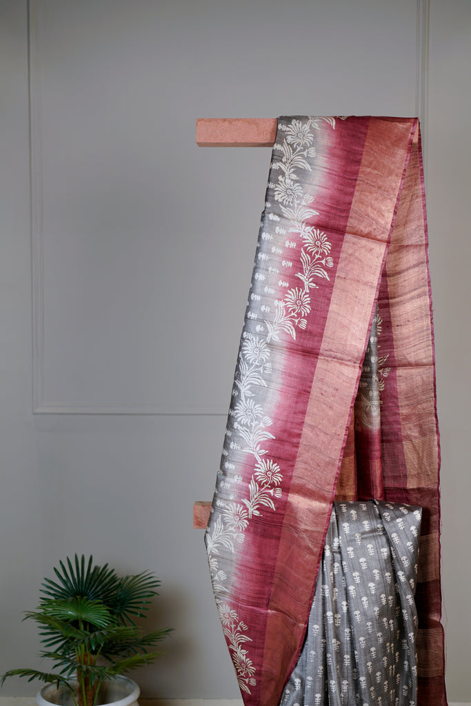 Grey Pink Color Tussar Silk Printed Saree