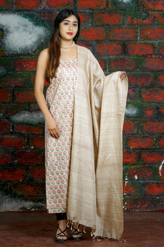 Pink Green Beige Printed Suit Set
