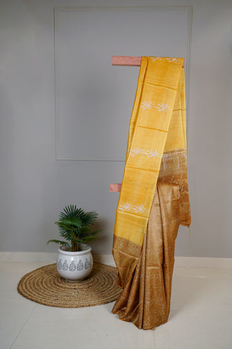 Yellow Mustard Color Tussar Silk Printed Saree