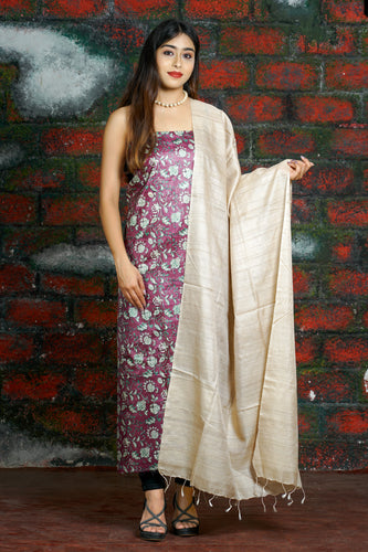 Purple Green Beige Printed Suit Set