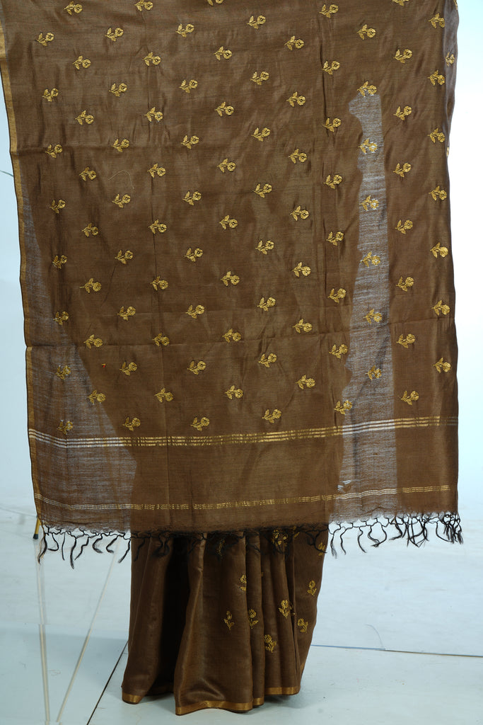 Brown Color Tussar Silk Embroidered Saree