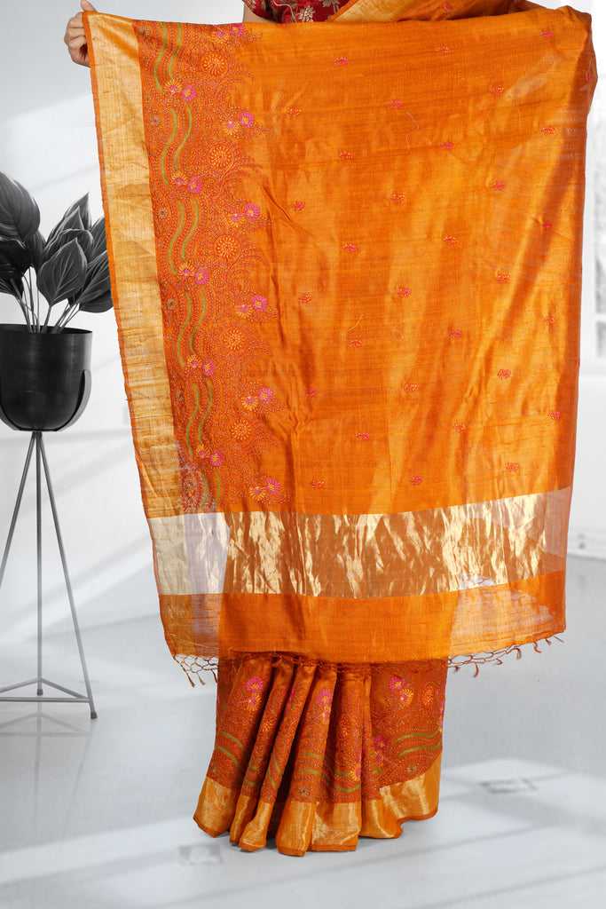 Orange Color Dupion Silk Embroidered Saree