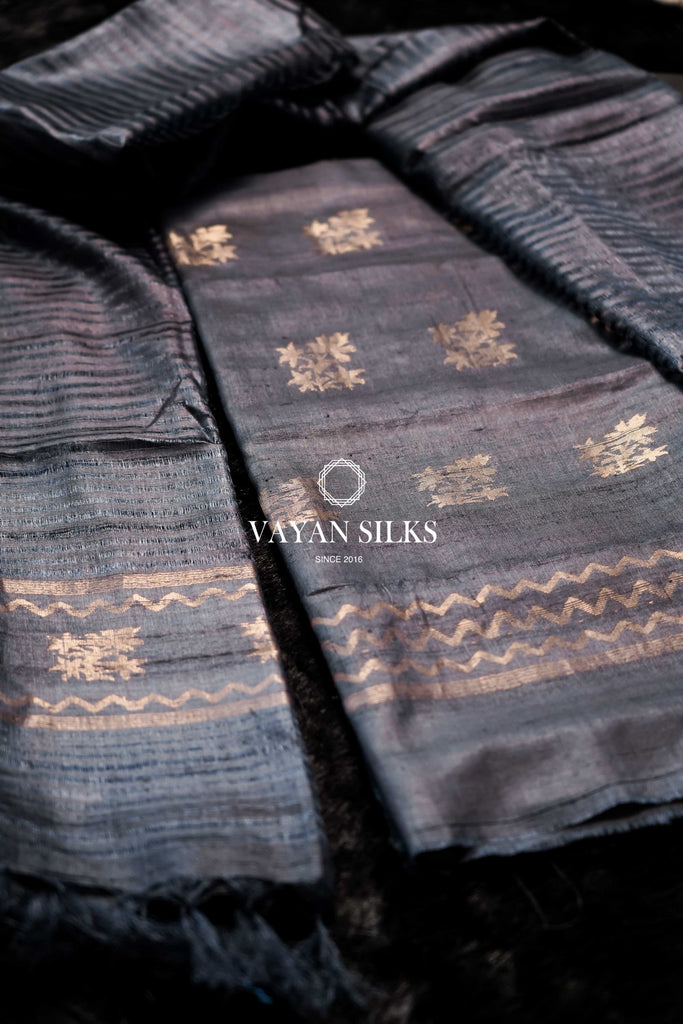 Charcoal Black Woven Tussar Suit Set