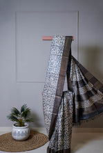 Load image into Gallery viewer, Black Beige Color Tussar Silk Printed Saree