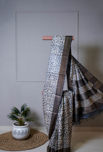 Black Beige Color Tussar Silk Printed Saree