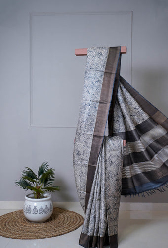 Black Beige Color Tussar Silk Printed Saree
