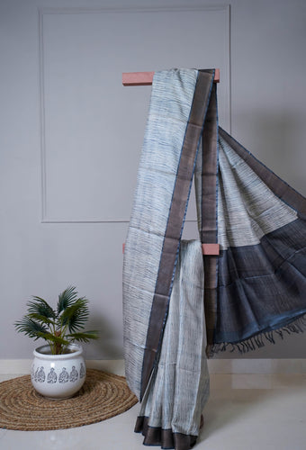 Black Beige Color Tussar Silk Printed Saree