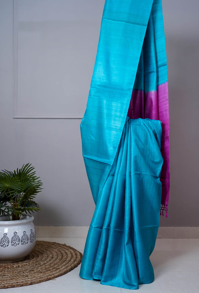 Blue Pink Color Tussar Silk Printed Saree