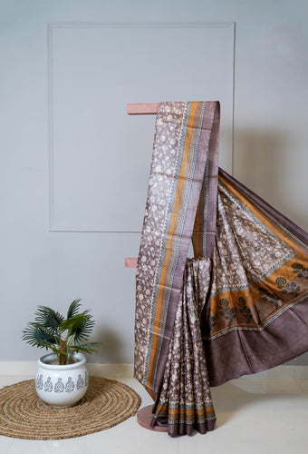 Brown Color Tussar Silk Printed Saree