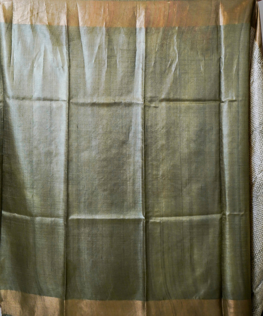 Beige Green Color Tussar Silk Printed Saree