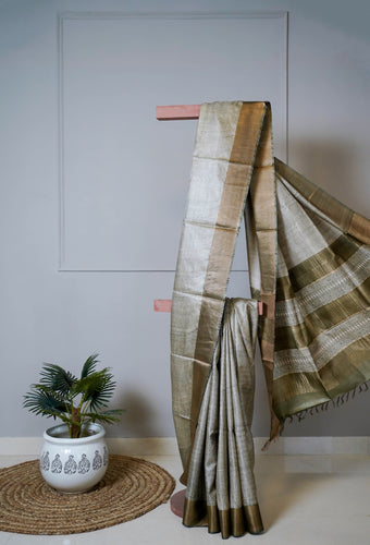 Beige Green Color Tussar Silk Printed Saree