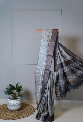 Grey Blue Color Tussar Silk Printed Saree