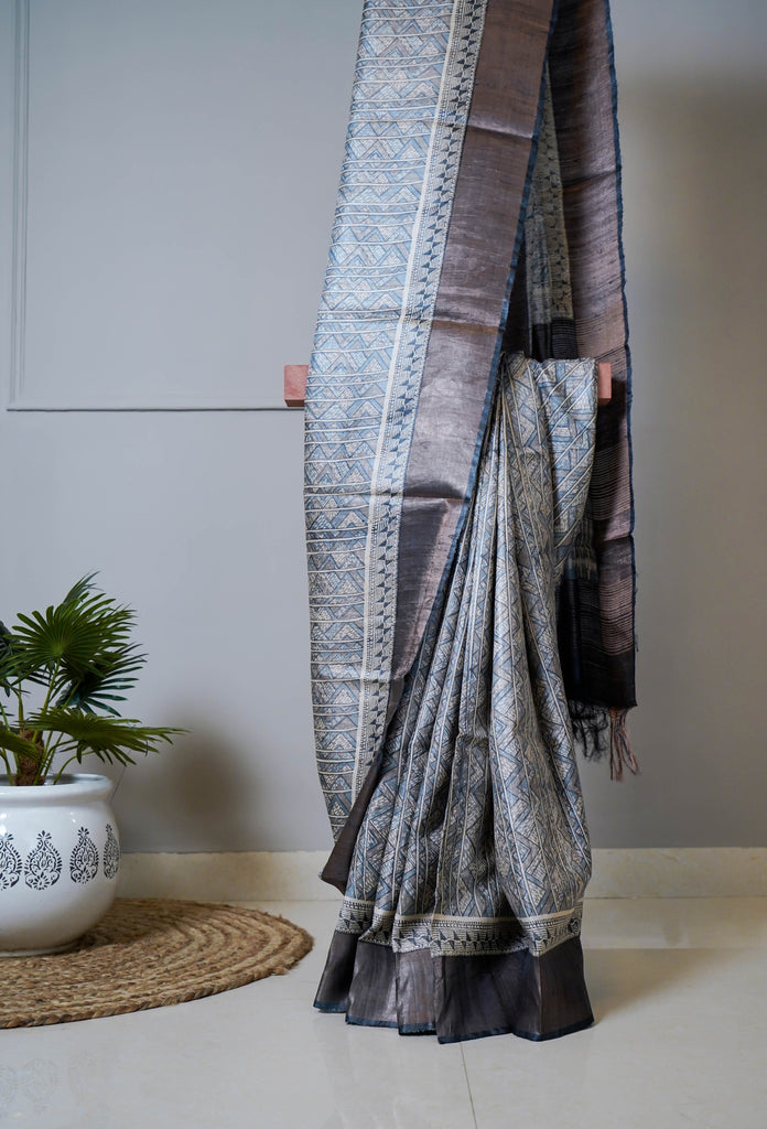 Grey Blue Color Tussar Silk Printed Saree