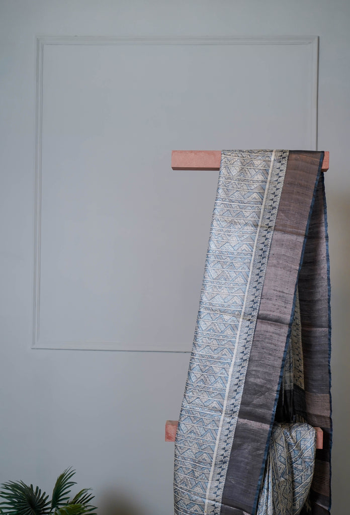 Grey Blue Color Tussar Silk Printed Saree