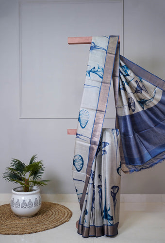 Indigo Color Tussar Silk Printed Saree
