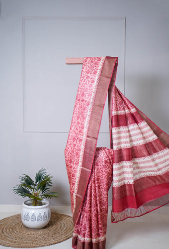Red Color Tussar Silk Printed Saree