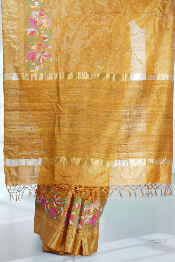 Yellow Color Tussar Silk Embroidered Saree