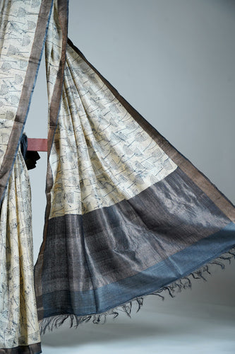 Black White Texture Color Tussar Silk Printed Saree