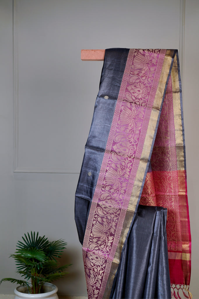 Charcoal Pink Color Tussar Silk Hand Woven Saree