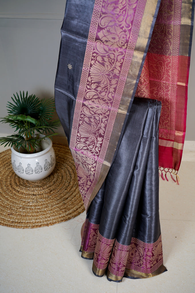 Charcoal Pink Color Tussar Silk Hand Woven Saree