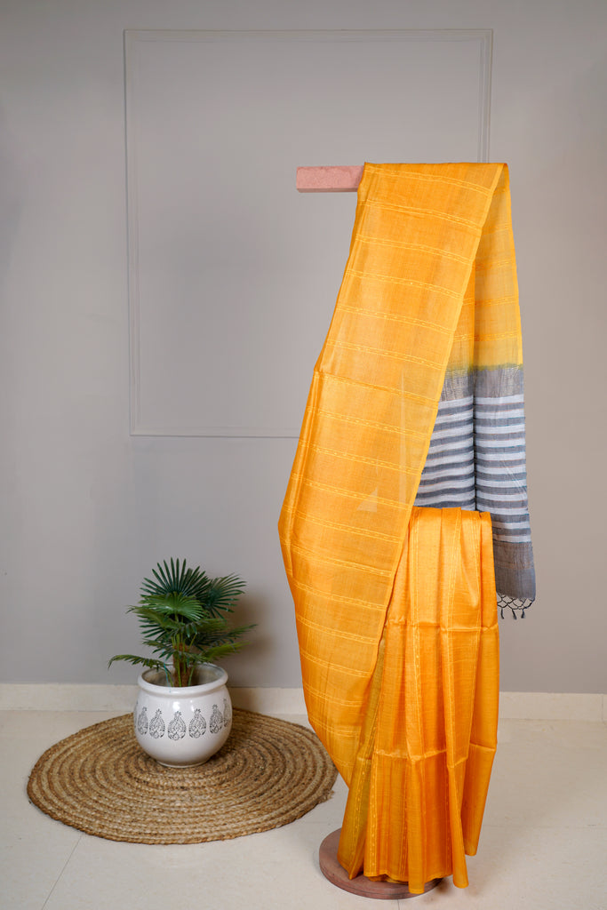 Yellow Grey Color Tussar Silk Hand Woven Saree