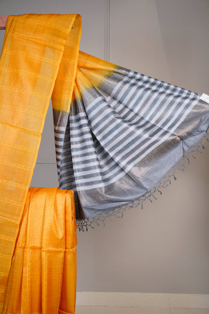 Yellow Grey Color Tussar Silk Hand Woven Saree