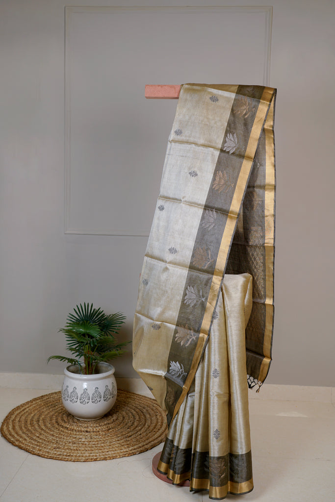 Gold Color Tussar Silk Hand Woven Saree