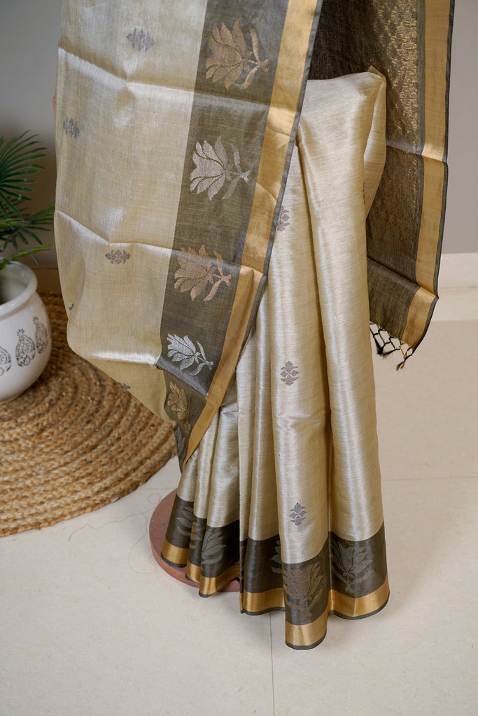 Gold Color Tussar Silk Hand Woven Saree