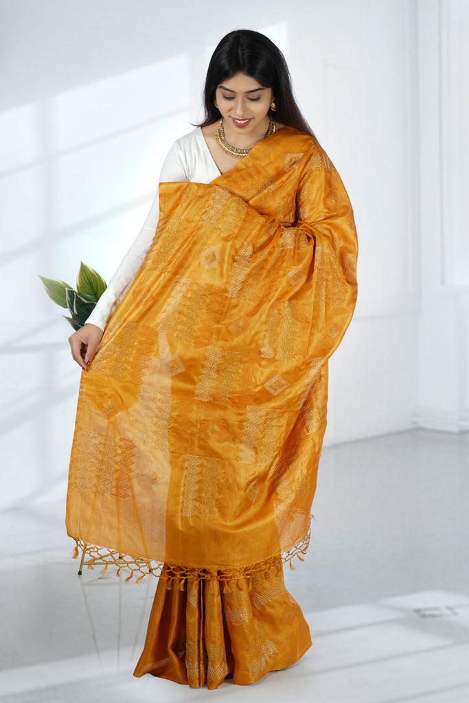 Yellow Color Tussar Silk Embroidered Saree
