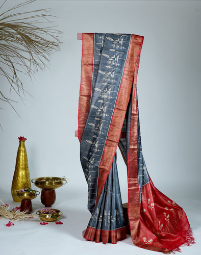 Black Red Color Tussar Silk Printed Saree