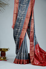 Load image into Gallery viewer, Black Red Color Tussar Silk Printed Saree