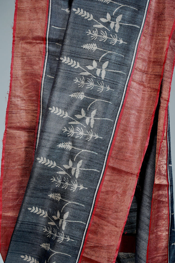 Black Red Color Tussar Silk Printed Saree