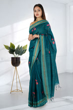 Load image into Gallery viewer, Teal Blue Color Tussar Silk Embroidered Saree