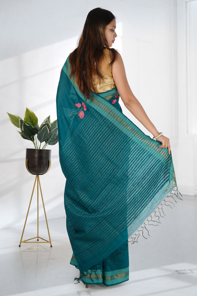 Teal Blue Color Tussar Silk Embroidered Saree