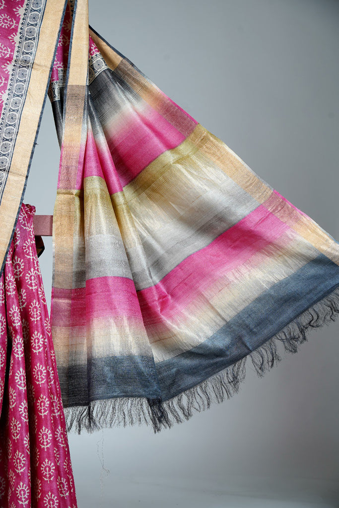 Magenta Color Tussar Silk Printed Saree