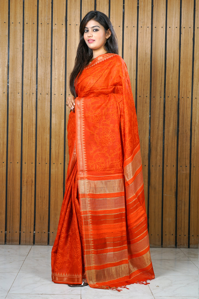 Orange Color Tussar Silk Embroidered Saree